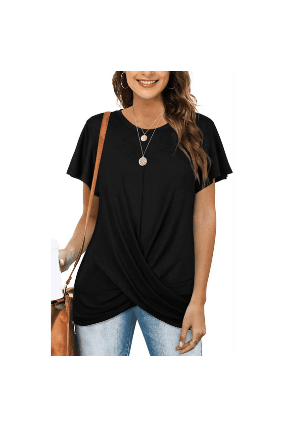 Women's Twist Front Tunic Top Casual Short Sleeve Round Neck Shirt with Loose Fit for Everyday Comfort and Relaxed Style, S