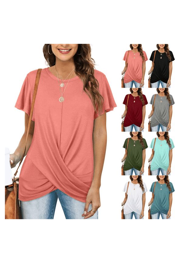 Women's Twist Front Tunic Top Casual Short Sleeve Round Neck Shirt with Loose Fit for Everyday Comfort and Relaxed Style, XL
