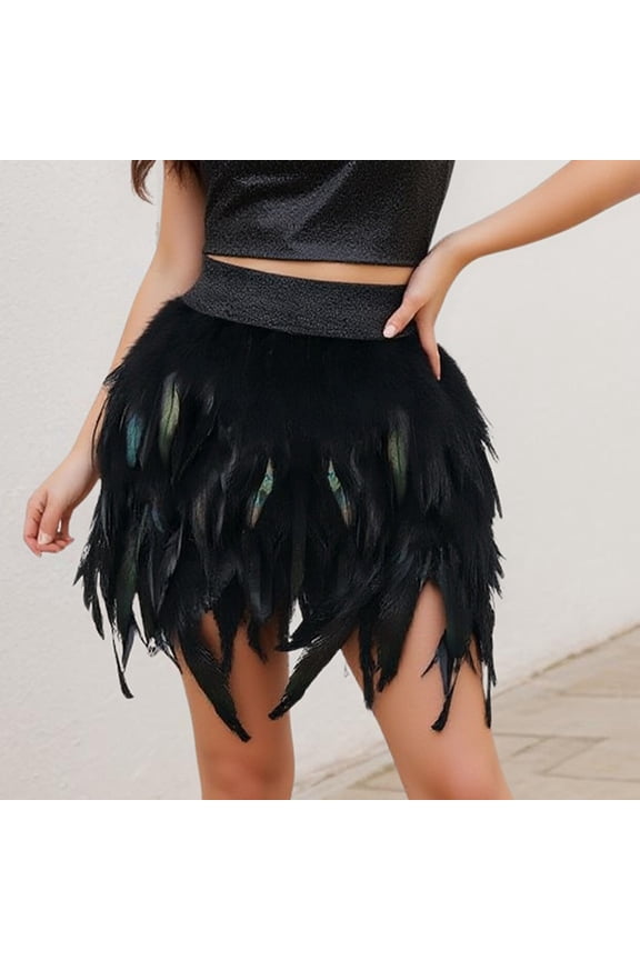 Women's Unique Faux Feather Mini Skirt Gothic Style Irregular Hem Summer Party Cocktail Skirt Black，S