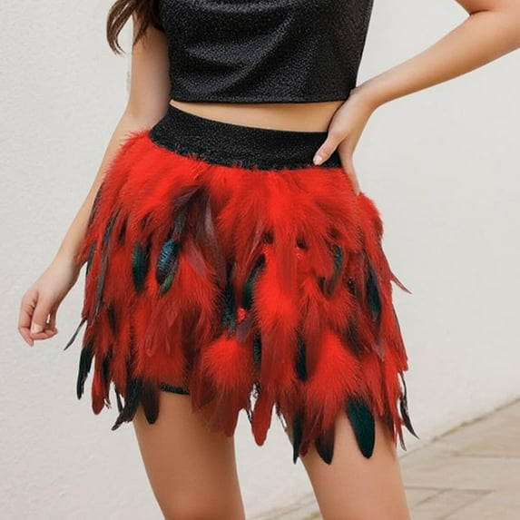 MORTTIC Women's Unique Faux Feather Mini Skirt Gothic Style Irregular Hem Summer Party Cocktail Skirt Red,S