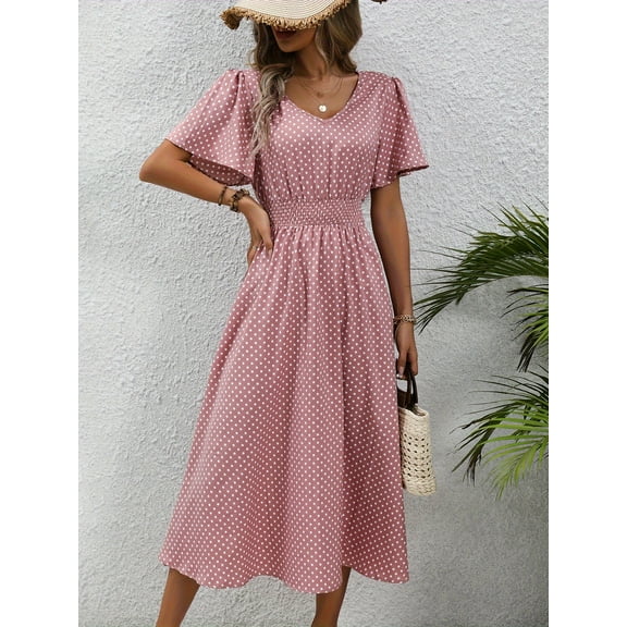 MORTTIC Women's V-Neck Polka Dot Midi Dress Ruffle Sleeve High Waist Summer Sundress for Casual, Work, or Vacation, M
