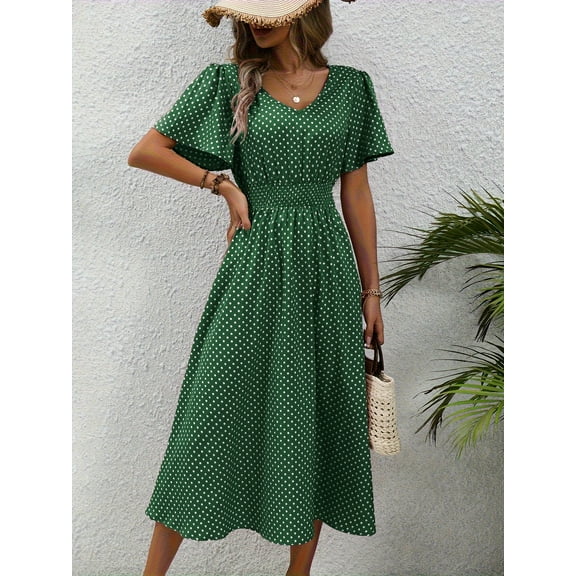 MORTTIC Women's V-Neck Polka Dot Midi Dress Ruffle Sleeve High Waist Summer Sundress for Casual, Work, or Vacation, XL