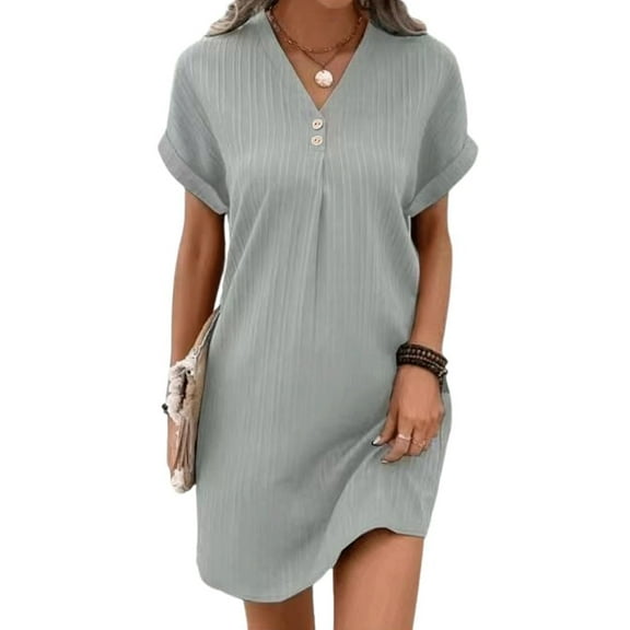 MORTTIC Women's V-Neck Short Sleeve Button T-Shirt Dress, Casual Loose Fit Ribbed Sundress, Solid Color Summer Mini Dress, 2XL