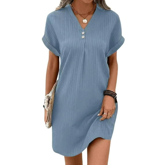 MORTTIC Women's V-Neck Short Sleeve Button T-Shirt Dress, Casual Loose Fit Ribbed Sundress, Solid Color Summer Mini Dress, 2XL