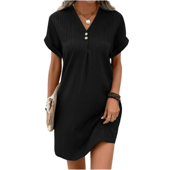 MORTTIC Women's V-Neck Short Sleeve Button T-Shirt Dress, Casual Loose Fit Ribbed Sundress, Solid Color Summer Mini Dress, 3XL
