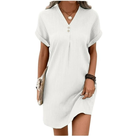 MORTTIC Women's V-Neck Short Sleeve Button T-Shirt Dress, Casual Loose Fit Ribbed Sundress, Solid Color Summer Mini Dress, M