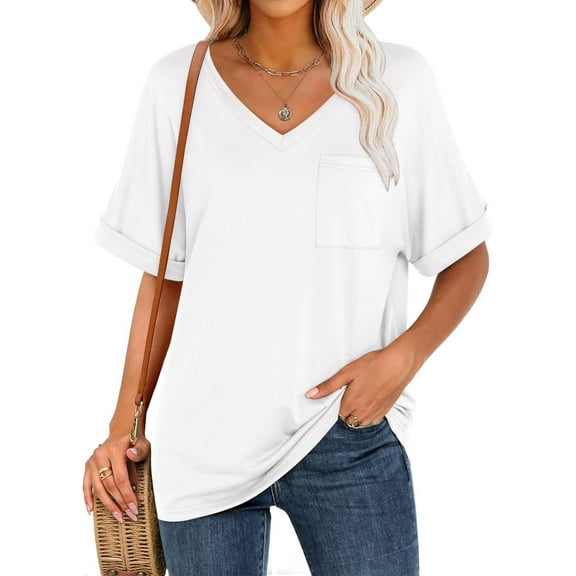 MORTTIC Women's V-Neck Short Sleeve T-Shirt, Casual Summer Top with Chest Pocket, White, XL