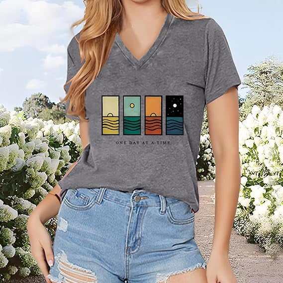 MORTTIC Women's V-Neck Short Sleeve T-Shirt, Casual Summer Top with Letter & Graphic Print, Stylish & Comfortable Everyday Wear