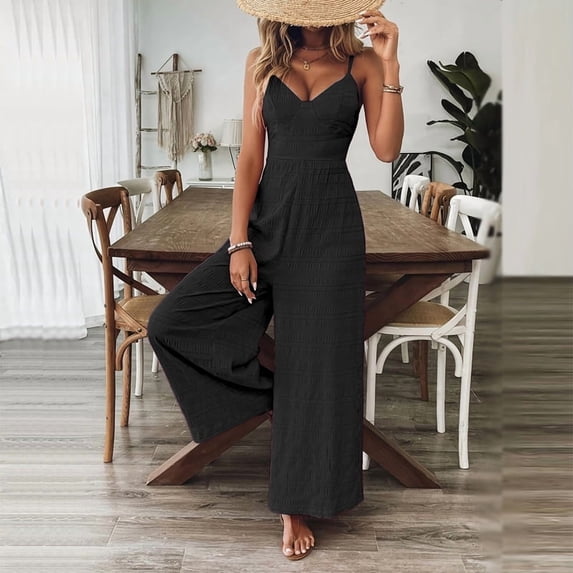 MORTTIC Women's V-Neck Sleeveless Wide Leg Jumpsuit with Adjustable Straps & Back Bow Tie Spring Summer Flowy Romper Black,L