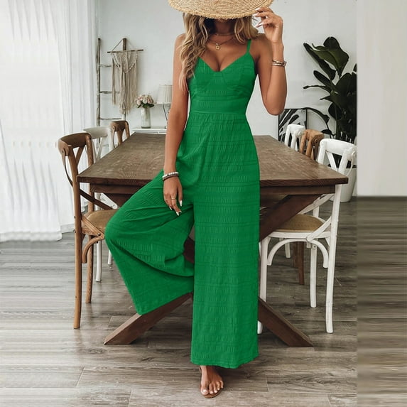 MORTTIC Women's V-Neck Sleeveless Wide Leg Jumpsuit with Adjustable Straps & Back Bow Tie Spring Summer Flowy Romper Dark Green,XL