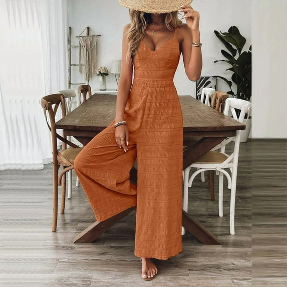 MORTTIC Women's V-Neck Sleeveless Wide Leg Jumpsuit with Adjustable Straps & Back Bow Tie Spring Summer Flowy Romper Earthy Yellow,L