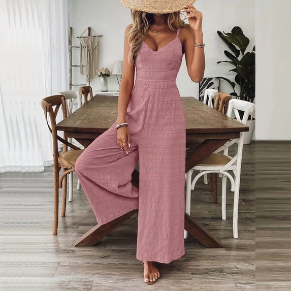MORTTIC Women's V-Neck Sleeveless Wide Leg Jumpsuit with Adjustable Straps & Back Bow Tie Spring Summer Flowy Romper Pink,M