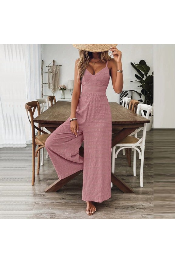 Women's V-Neck Sleeveless Wide Leg Jumpsuit with Adjustable Straps & Back Bow Tie Spring Summer Flowy Romper Pink，M
