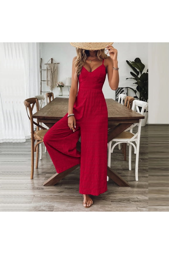 Women's V-Neck Sleeveless Wide Leg Jumpsuit with Adjustable Straps & Back Bow Tie Spring Summer Flowy Romper Red，S