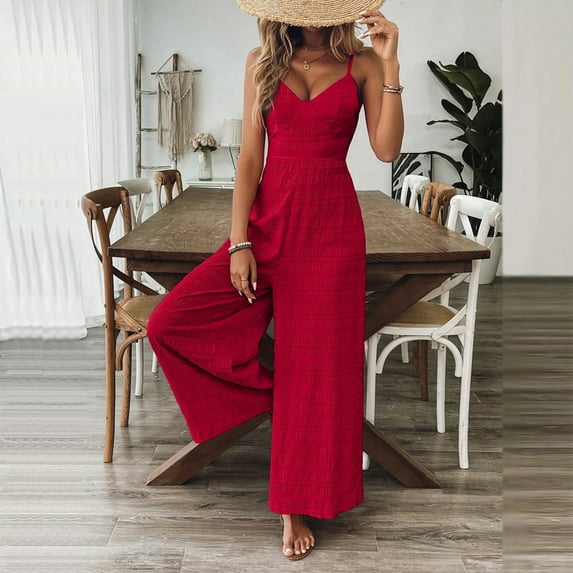 MORTTIC Women's V-Neck Sleeveless Wide Leg Jumpsuit with Adjustable Straps & Back Bow Tie Spring Summer Flowy Romper Red,XXL