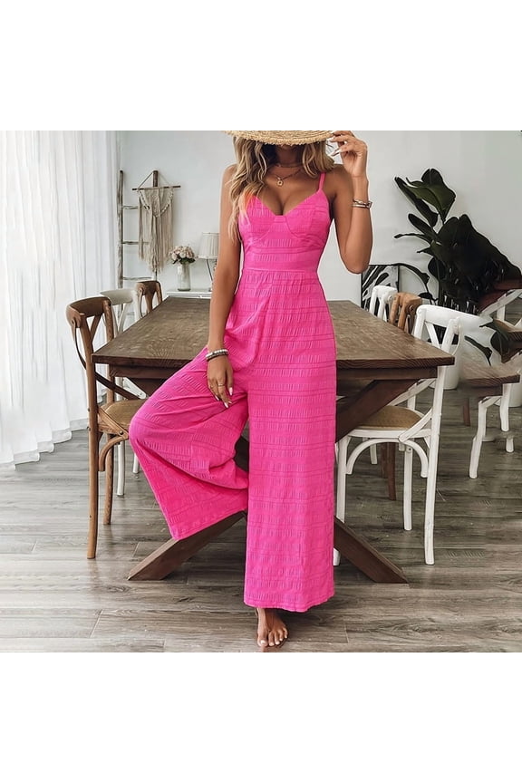 Women's V-Neck Sleeveless Wide Leg Jumpsuit with Adjustable Straps & Back Bow Tie Spring Summer Flowy Romper Rose Red,S