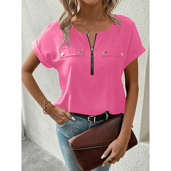 MORTTIC Women's V-Neck Zipper Top, Solid Color Short Sleeve Blouse for Office or Daily Wear, M