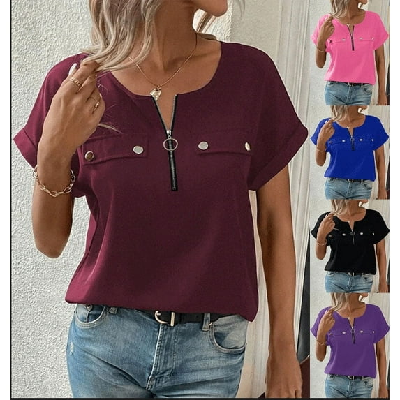 MORTTIC Women's V-Neck Zipper Top, Solid Color Short Sleeve Blouse for Office or Daily Wear, S
