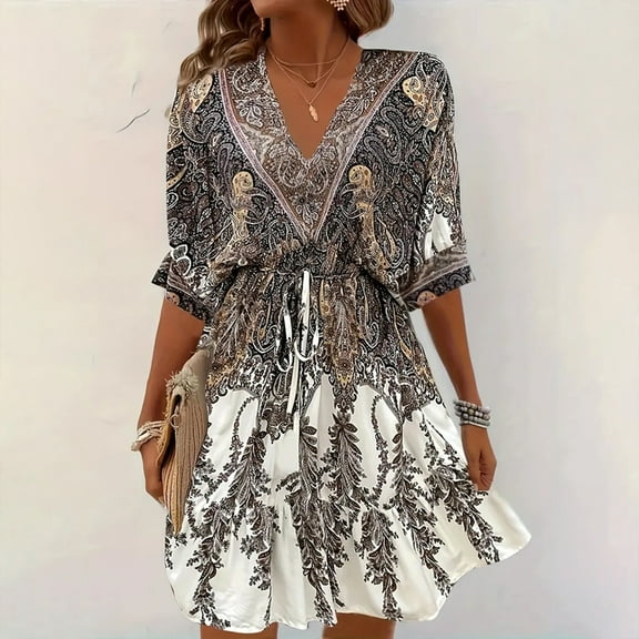 MORTTIC Women's Vintage Floral Butterfly Print Dress - Batwing Sleeve Peplum Dress with Deep V-Neck & Tie Detail