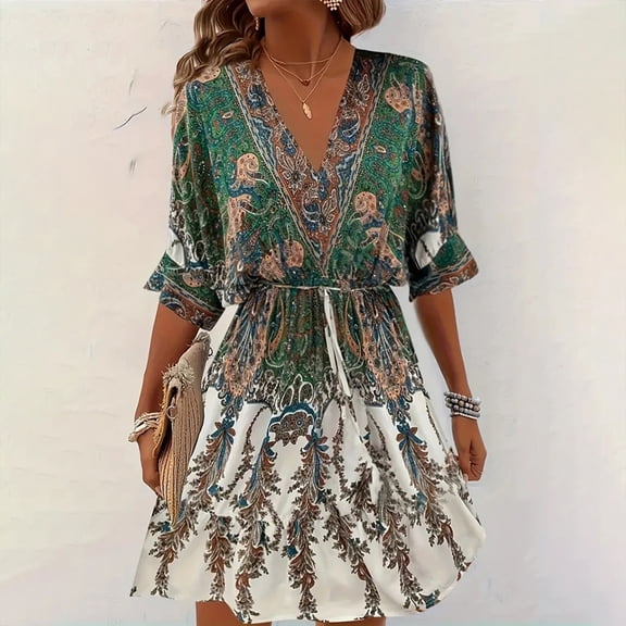 MORTTIC Women's Vintage Floral Butterfly Print Dress - Batwing Sleeve Peplum Dress with Deep V-Neck & Tie Detail