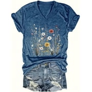 MORTTIC Womens Vintage Floral Graphic T-Shirt Boho Wildflower Print, Loose-Fit V-Neck Short Sleeve Casual Tee Top