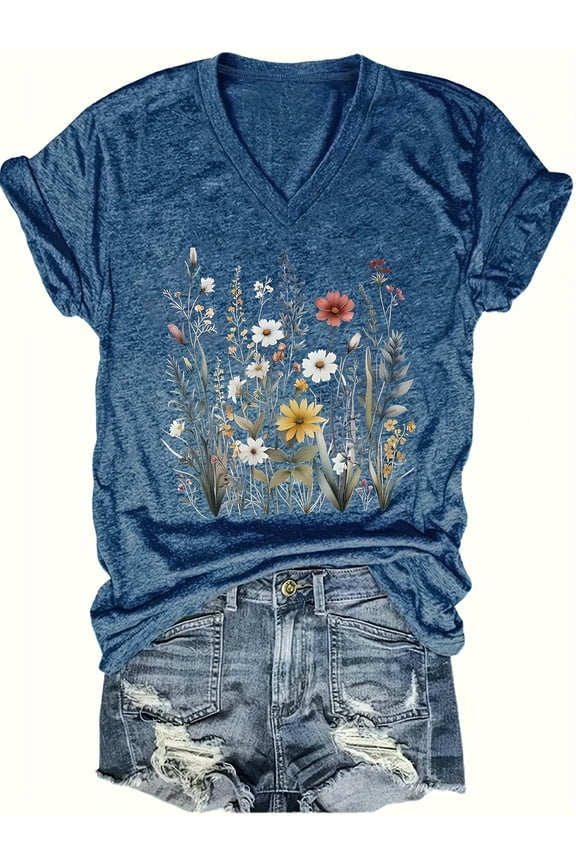 Women's Vintage Floral Graphic T-Shirt Boho Wildflower Print, Loose-Fit V-Neck Short Sleeve Casual Tee Top