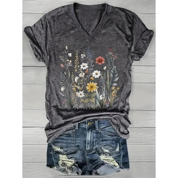 MORTTIC Women's Vintage Floral Graphic T-Shirt Boho Wildflower Print, Loose-Fit V-Neck Short Sleeve Casual Tee Top