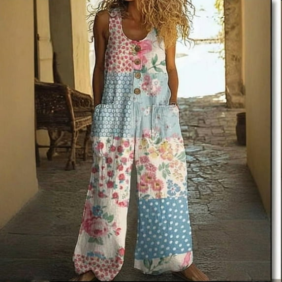MORTTIC Women's Vintage Floral & Polka Dot Romper - Button Front Wide Leg Jumpsuit Spring/Summer/Fall Casual Outfit
