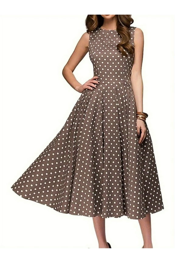 Women's Vintage Polka Dot Sleeveless Dress O-Neck Summer Cocktail Party Dress for Formal Events & Vacation Wear