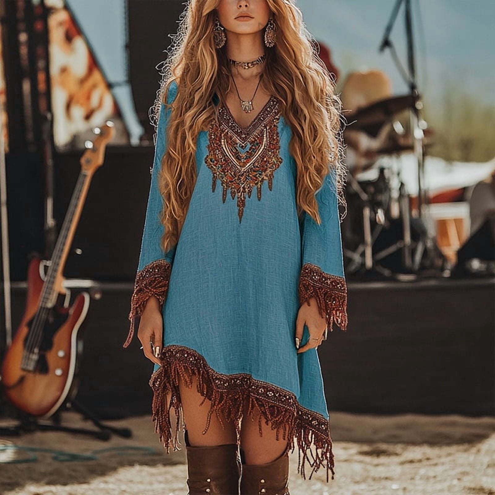 MORTTIC Women's Western Boho V-Neck Long Sleeve Fringe Hem & Asymmetrical  Midaxi Dress for Spring/Summer Brown，L
