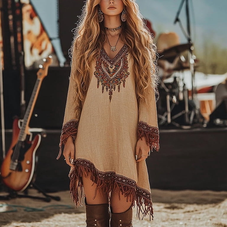 MORTTIC Women's Western Boho V-Neck Long Sleeve Fringe Hem & Asymmetrical Midaxi  Dress for Spring/Summer BrownL - Walmart.com