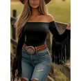 thumbnail image 1 of MORTTIC Women's Western Cowgirl Off-Shoulder Fringe Top, Slim Fitted Long Sleeve Tassel Blouse, Elegant & Versatile for Work, L, 1 of 2