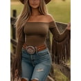 thumbnail image 1 of MORTTIC Women's Western Cowgirl Off-Shoulder Fringe Top, Slim Fitted Long Sleeve Tassel Blouse, Elegant & Versatile for Work, L, 1 of 5