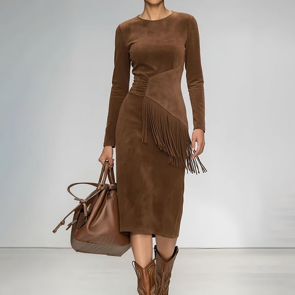 MORTTIC Women's Western Faux Suede Maxi Dress Bohemian Fringe Detail Bodycon Long Sleeve Dress For Spring Dark Brown,XL