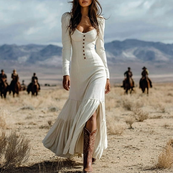 MORTTIC Women's Western Vintage Button-Down Maxi Dress - Long Sleeve Ruffle Front Slit Hem Casual Dress White,S