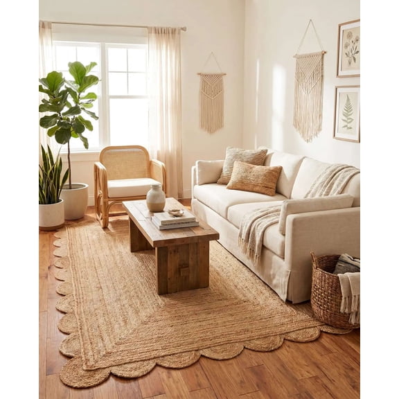 MORVEE Handmade Scalloped Natural Jute Area Rug, Braided Reversible Farmhouse Rug, 5' x 8'