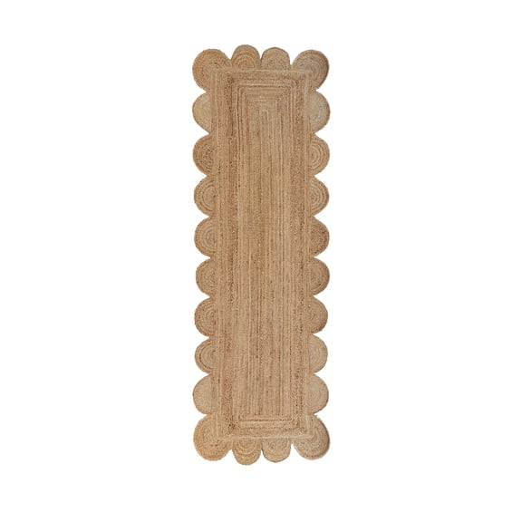 MORVEE Handmade Scalloped Natural Jute Runner Rug, Braided Reversible Farmhouse Rug, 2' x 14'