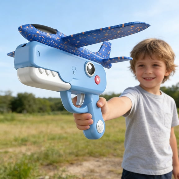 MORVLIX Foam Dinosaur Aircraft Toy with Ejection and Hand-Throw Modes for Indoor Outdoor Play Blue