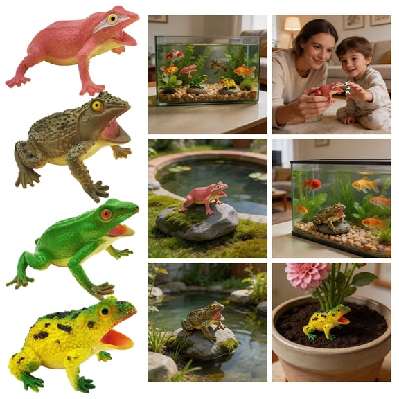 MORVLIX Realistic Soft Frog Toys 4-Piece Set with Chirping Sounds - Plastic Educational Figures for Science Projects, Cake Topper, Bath Play As shown