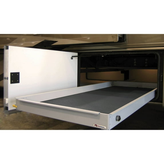 MORryde CTG60-3372W Cargo Slide; Fit RV's; Bolt-On; 800 Pounds Capacity; 72 Inch Depth x 33 Inch Width; Ball Bearing Slide; 1 Way Pull; Locks In Retracted; With Flooring; Fully Assembled