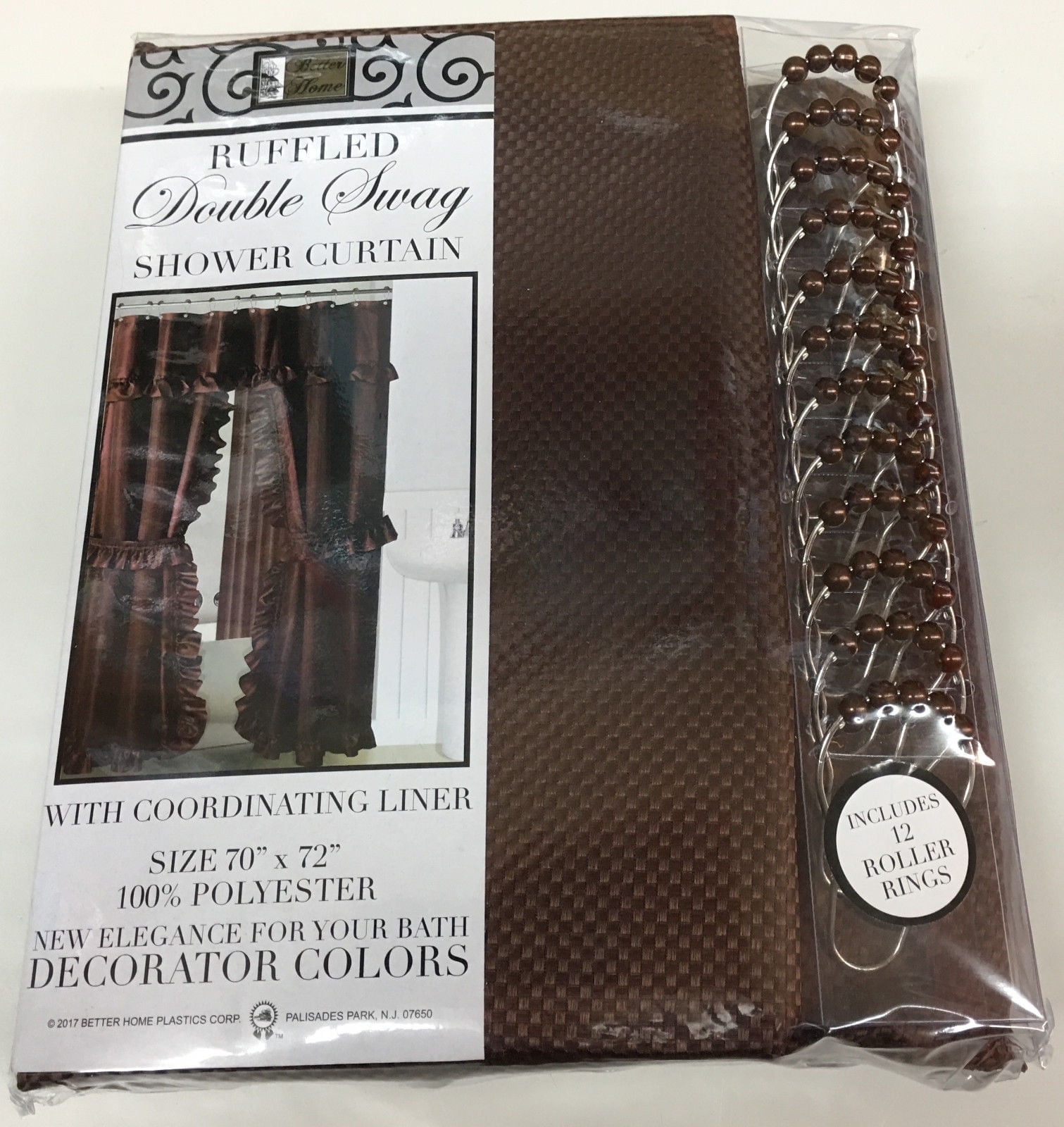 MOSAIC DOUBLE SWAG FABRIC SHOWER CURTAIN, LINER AND 12 ROLLER HOOKS, BROWN