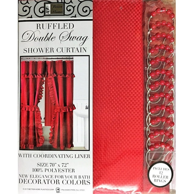 MOSAIC DOUBLE SWAG FABRIC SHOWER CURTAIN, LINER AND 12 ROLLER HOOKS, CHERRY RED