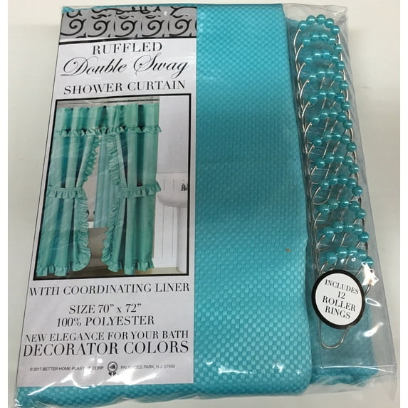 MOSAIC DOUBLE SWAG FABRIC SHOWER CURTAIN, LINER AND 12 ROLLER HOOKS, TURQUOISE