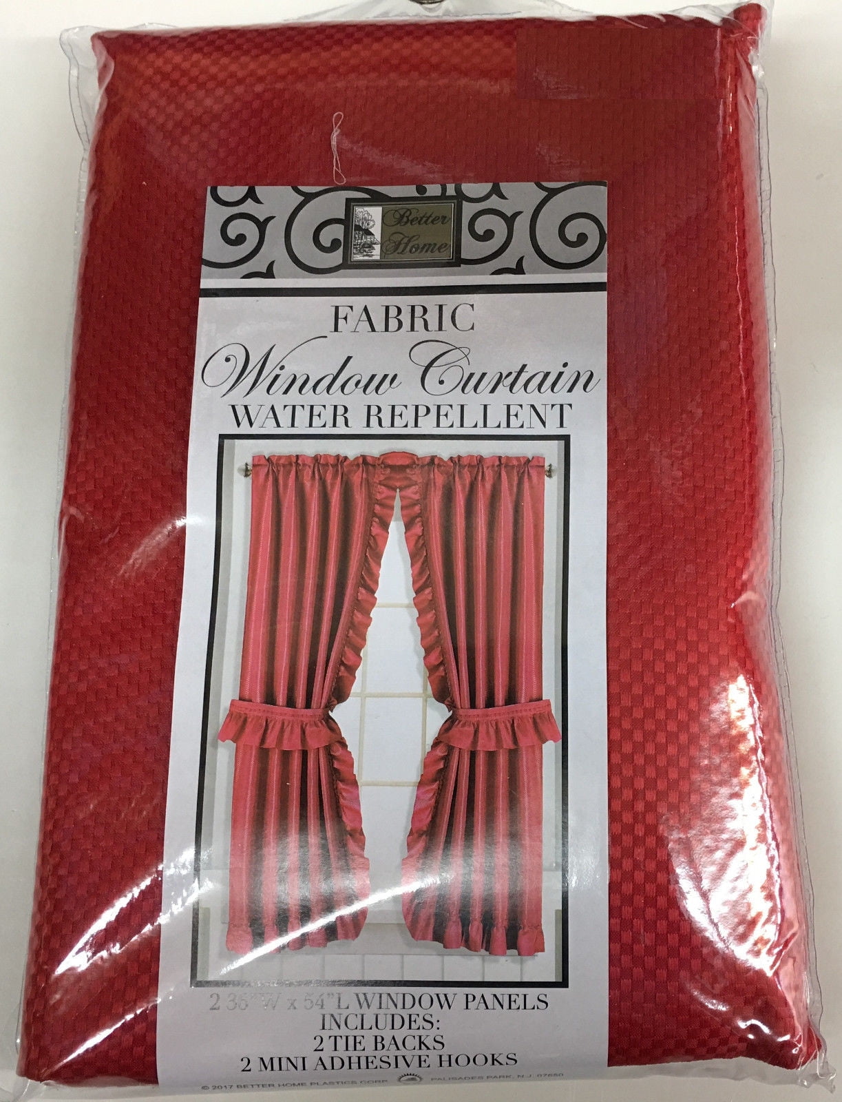 MOSAIC FABRIC RUFFLED BATHROOM WINDOW CURTAIN WITH TIEBACKS, 54" LONG, CHERRY RED