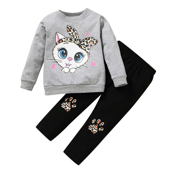 WhouRiu Toddler Girls Outfits Long Sleeve Cartoon Cats Top and Trousers Children Cute Casual Outfit Sets Gray,Sizes 2-3