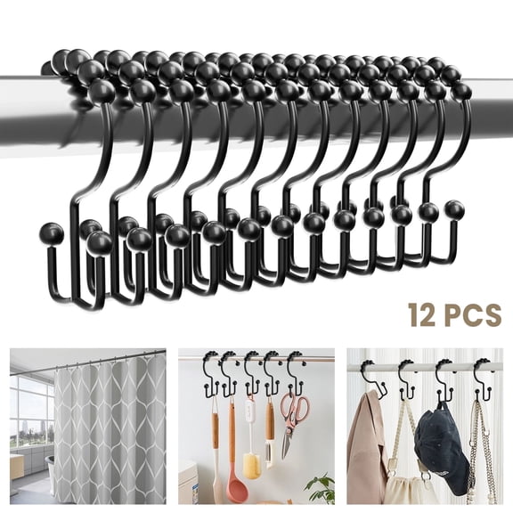 MOSENSE Black Shower Curtain Hooks Rings, Rust-Resistant Metal Double Glide Shower Hooks for Bathroom Shower Rods Curtains, Set of 12