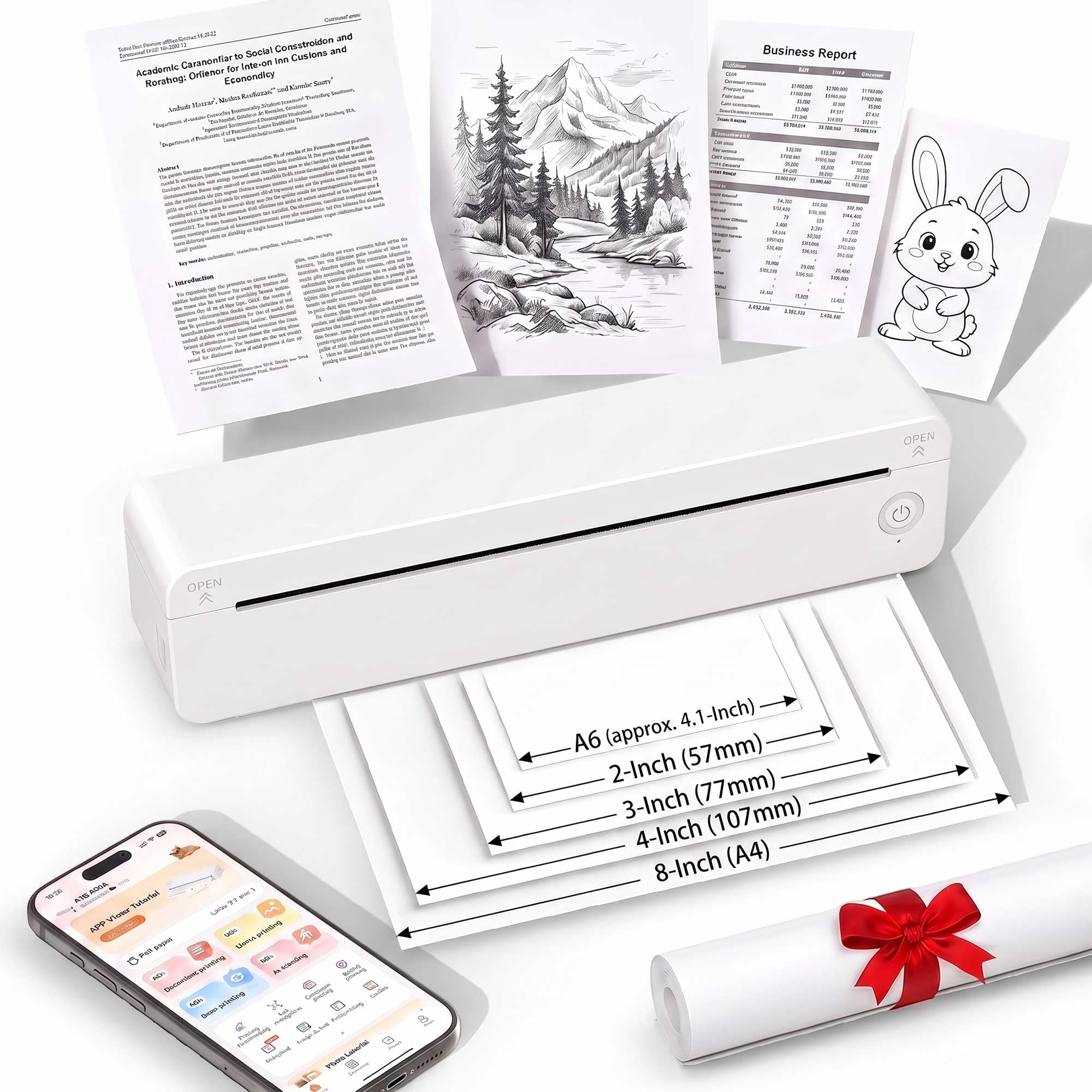 MOSENSE Portable Inkless Thermal Printer, 203DPI, Bluetooth & USB Printing, Fanfold & Roll Paper Compatible, for Office, Document & Label Printing