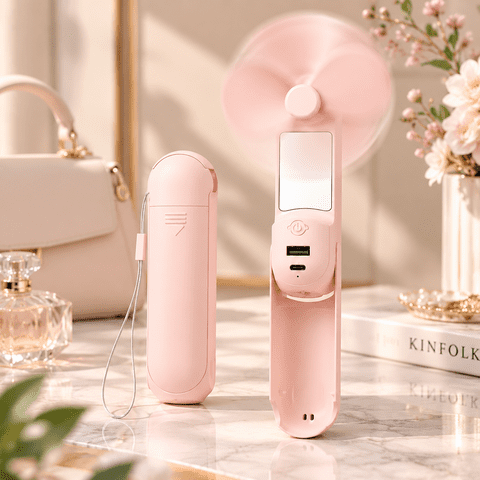 MOSENSE Portable Rechargeable Handheld Fan with Makeup Mirror, Power Bank, LED Flashlight, 3 Adjustable Speeds, USB-C Charging,Pink
