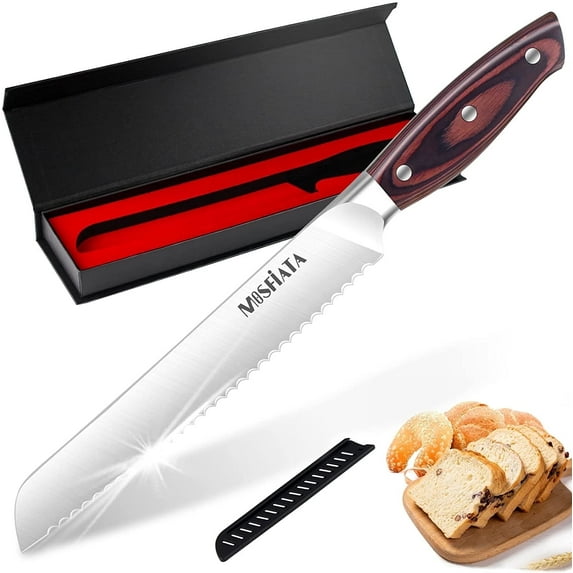 MOSFiATA Bread Knife 8 In Serrated Knife, 5Cr15Mov High Carbon Stainless Steel Bread Cutter with Ergonomic Pakkawood Handle, Full Tang Bread Slicer with Sheath, Ideal for Cake, Bagel, Sandwich
