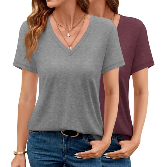 MOSHU 2 Pack Womens T Shirts V Neck Casual Tops Short Sleeve Comfort Fit Shirts for Women